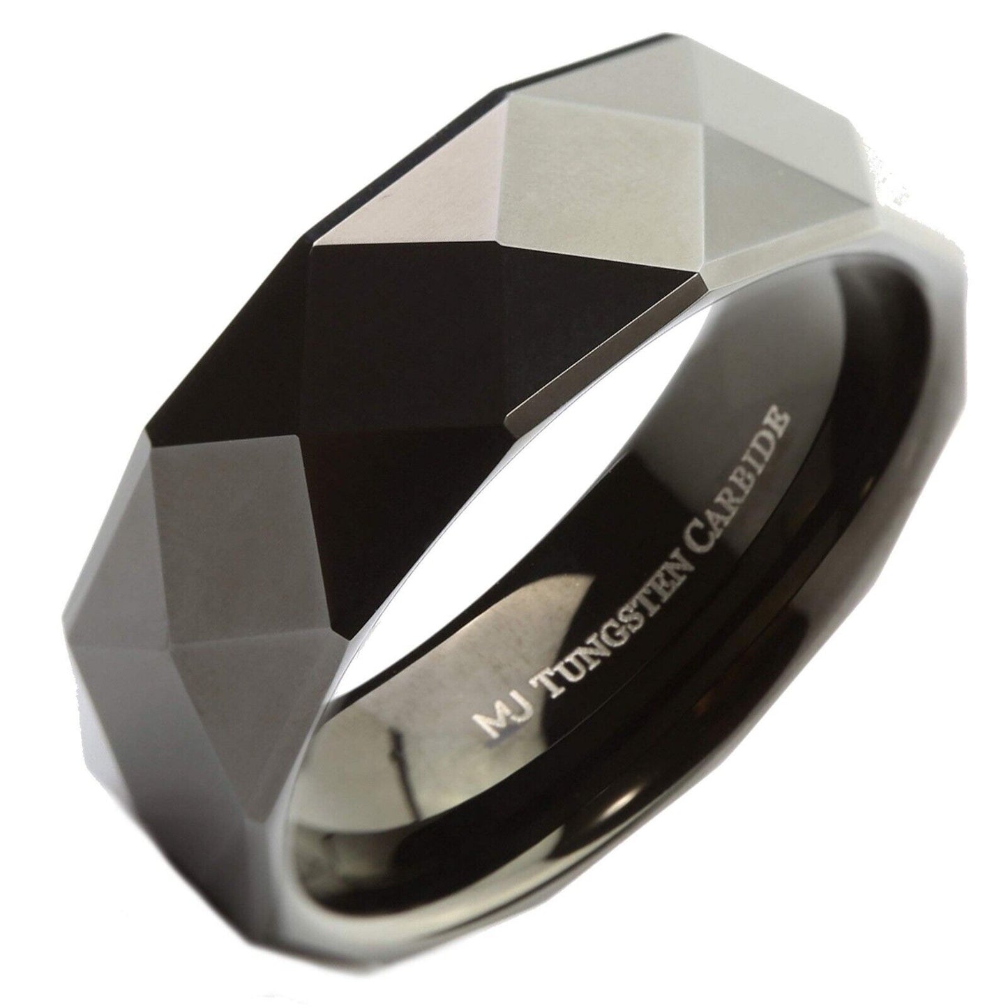 White Tungsten Carbide or Black Plated Multi Faceted Polished 6mm or 8mm Ring