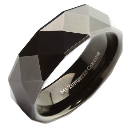 White Tungsten Carbide or Black Plated Multi Faceted Polished 6mm or 8mm Ring
