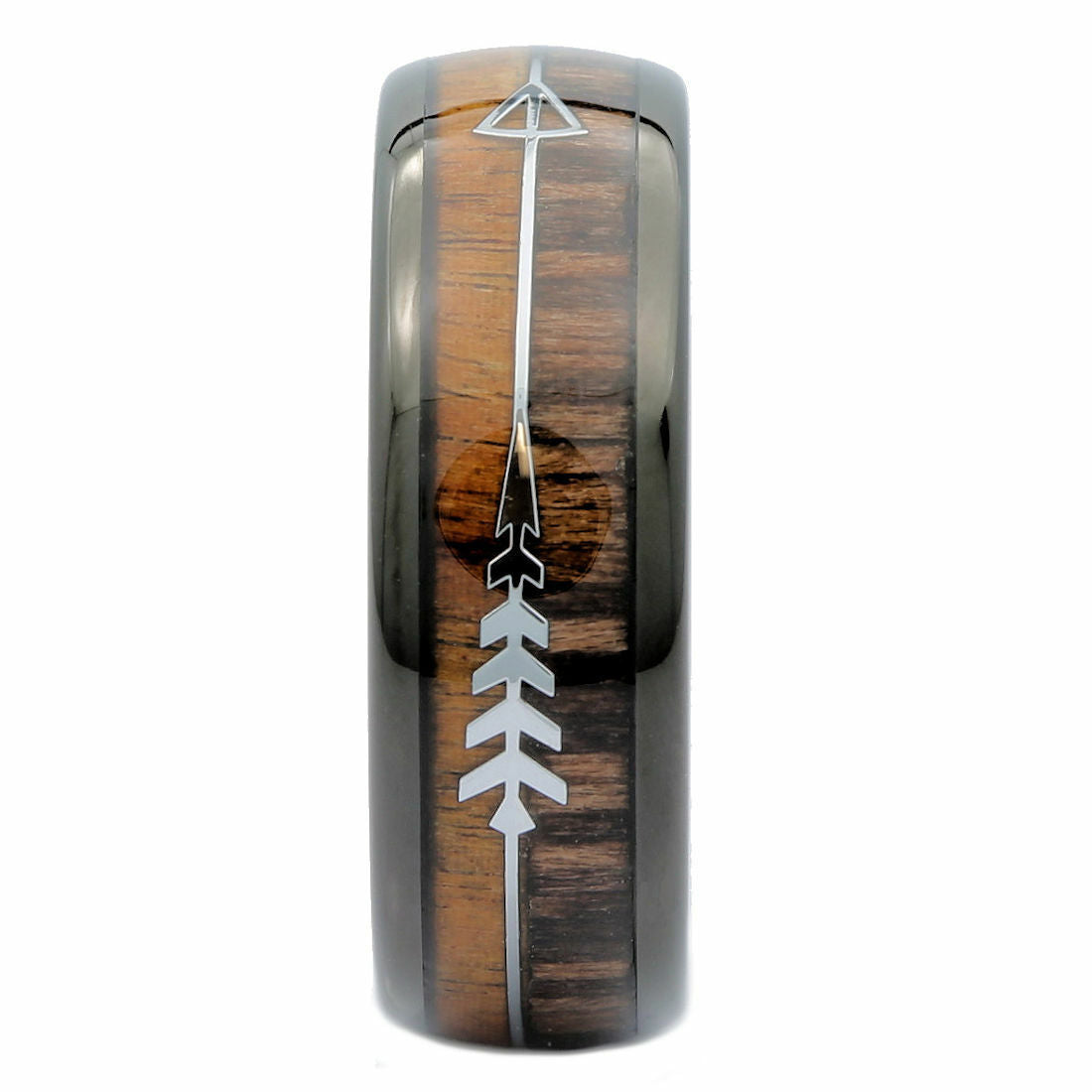 Koa & Pear Wood in Black Plated Tungsten Carbide Arrow Wedding Ring 6mm
