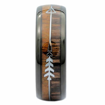 Koa & Pear Wood in Black Plated Tungsten Carbide Arrow Wedding Ring 6mm