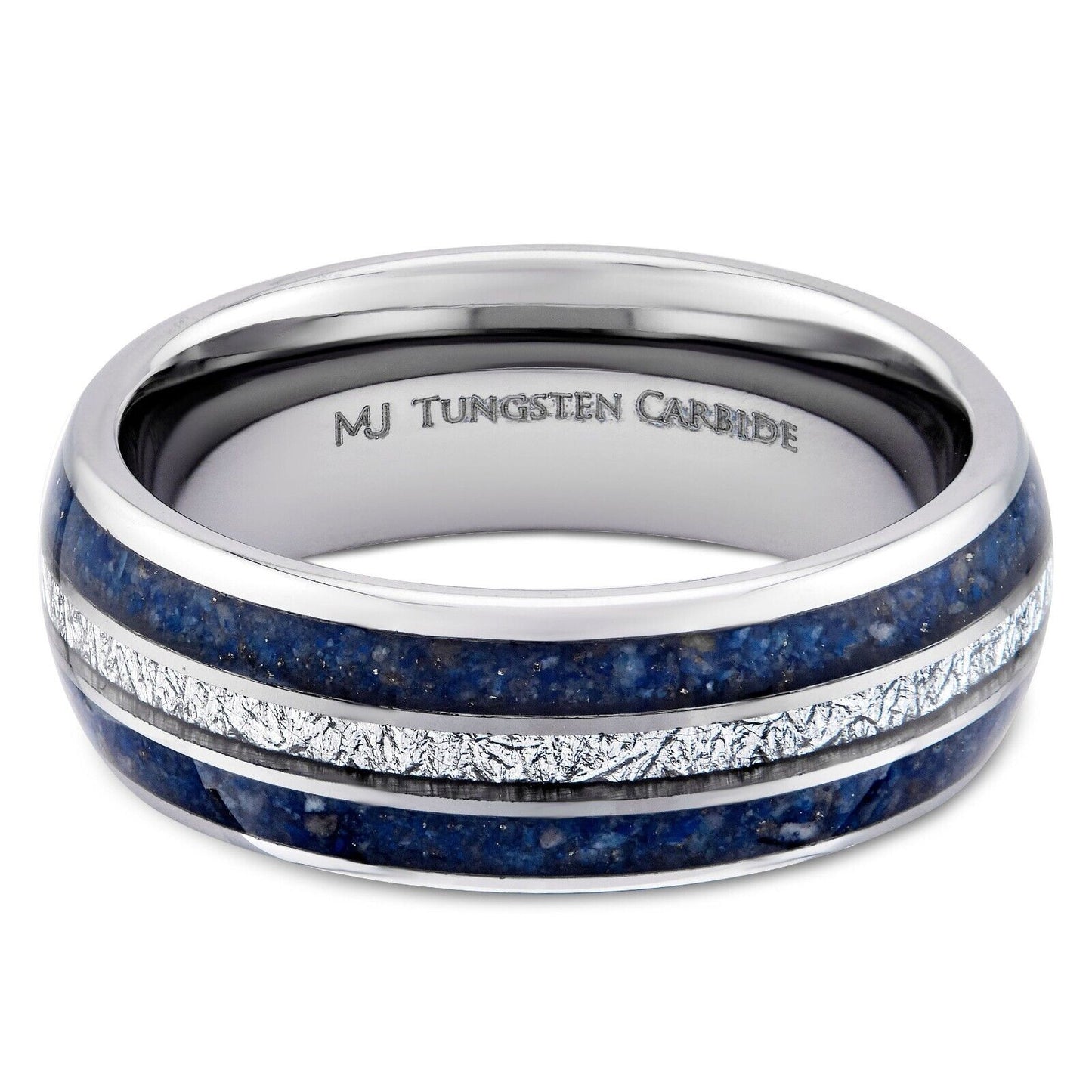 Tungsten Carbide 8mm Polished Finish with Lapis Lazuli and Faux Meteorite Inlay