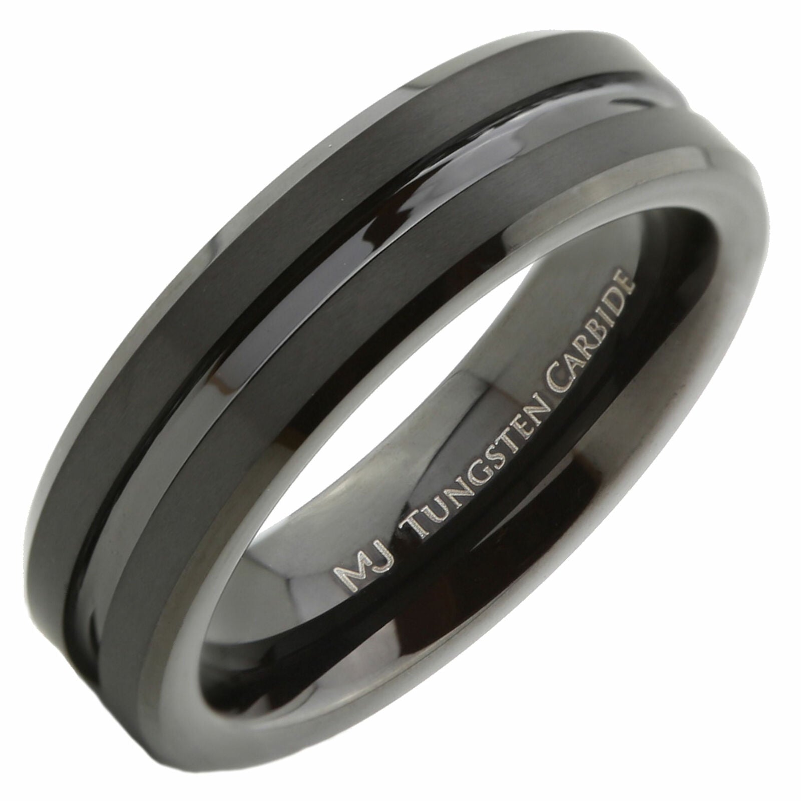 Tungsten Carbide 6mm or 8mm Wedding Band Center Grooved Black Plated Ring