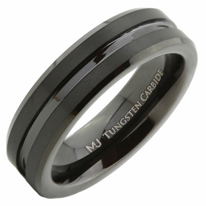 Tungsten Carbide 6mm or 8mm Wedding Band Center Grooved Black Plated Ring
