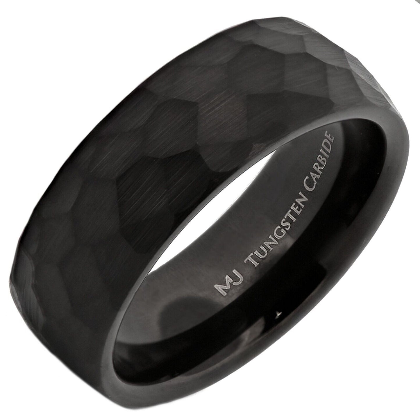 Tungsten Carbide 8mm Hammered Black Obsidian or Gold Plated Style Wedding Ring