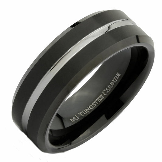 8mm Tungsten Carbide Wedding Band Black Plated Single Stripe Ring
