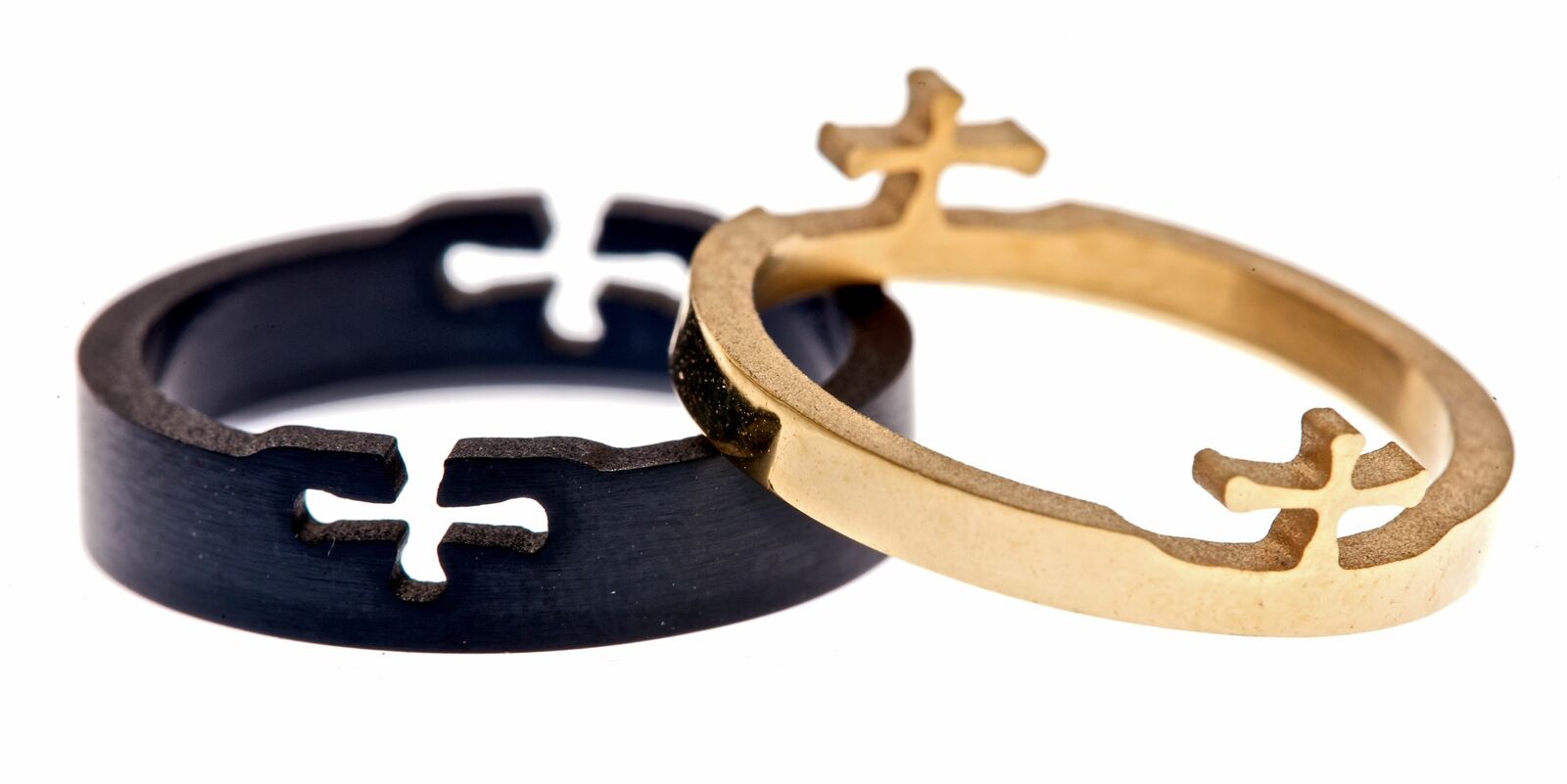 Cross Puzzle Ring Matt Black and Polished Gold Plated 2 Pieces