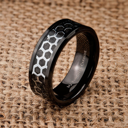 Tungsten Carbide Black or Polished Hexagon Pattern Over Black Carbon Fiber Inlay