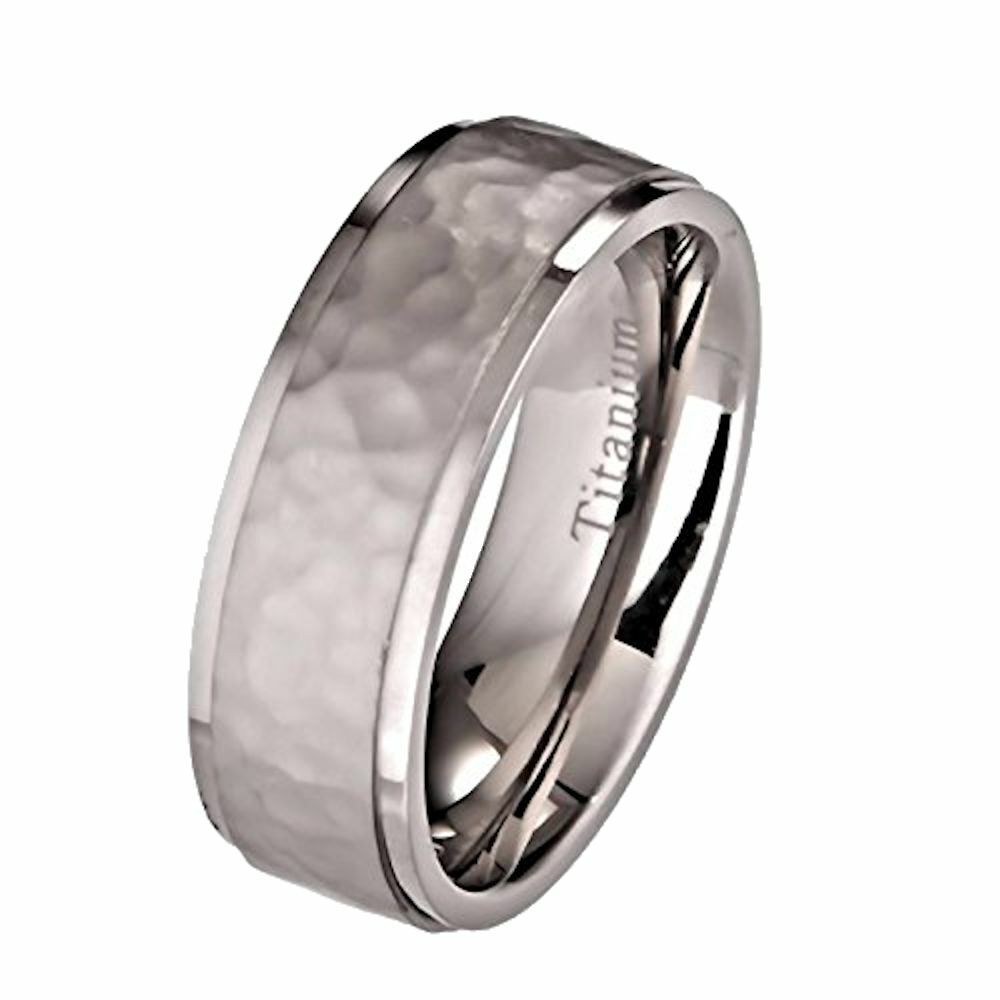 5mm or 7mm Hammered Titanium Wedding Band Recessed Edges Comfort Fit Ring