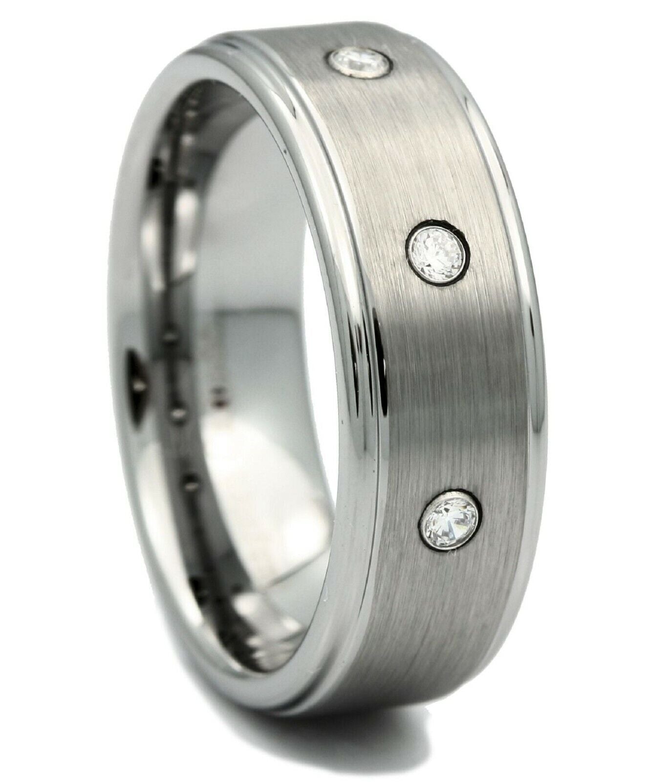 8mm Tungsten Carbide Wedding Ring 3 CZ Brushed Center Polished Edges