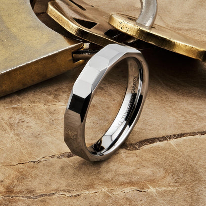 Tungsten Carbide 4mm Geometric Multi Faceted Band Polished Finish Ring