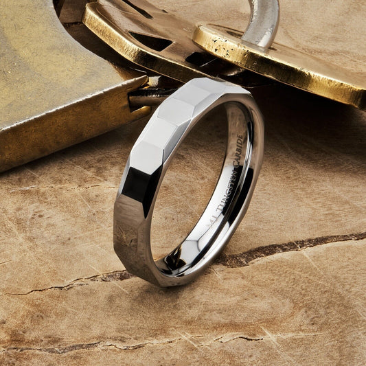 Tungsten Carbide 4mm Geometric Multi Faceted Band Polished Finish Ring