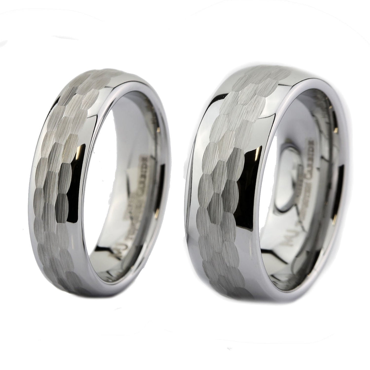 White Tungsten Carbide Hammered Center 6mm or 8mm Wedding Band Ring