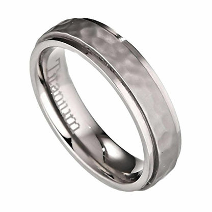 5mm or 7mm Hammered Titanium Wedding Band Recessed Edges Comfort Fit Ring