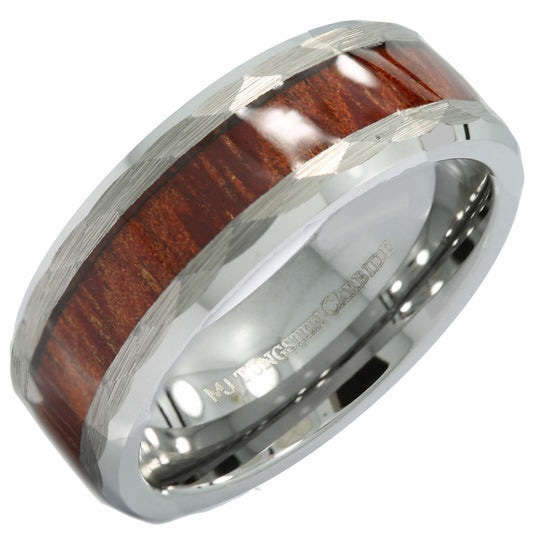 8mm Tungsten Carbide Koa Wood Inlay Hammered Inner Edge Wedding Ring