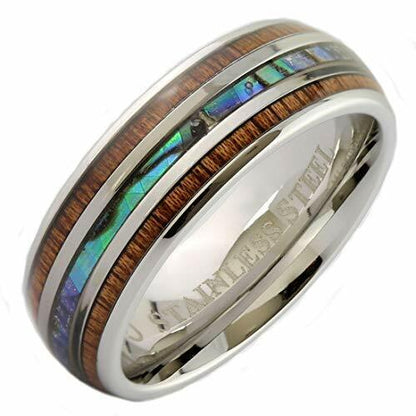 Custom Engraved Stainless Steel Abalone Inlay with Koa Wood or Faux Opal Ring