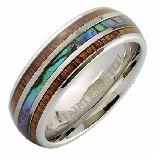 Custom Engraved Stainless Steel Abalone Inlay with Koa Wood or Faux Opal Ring