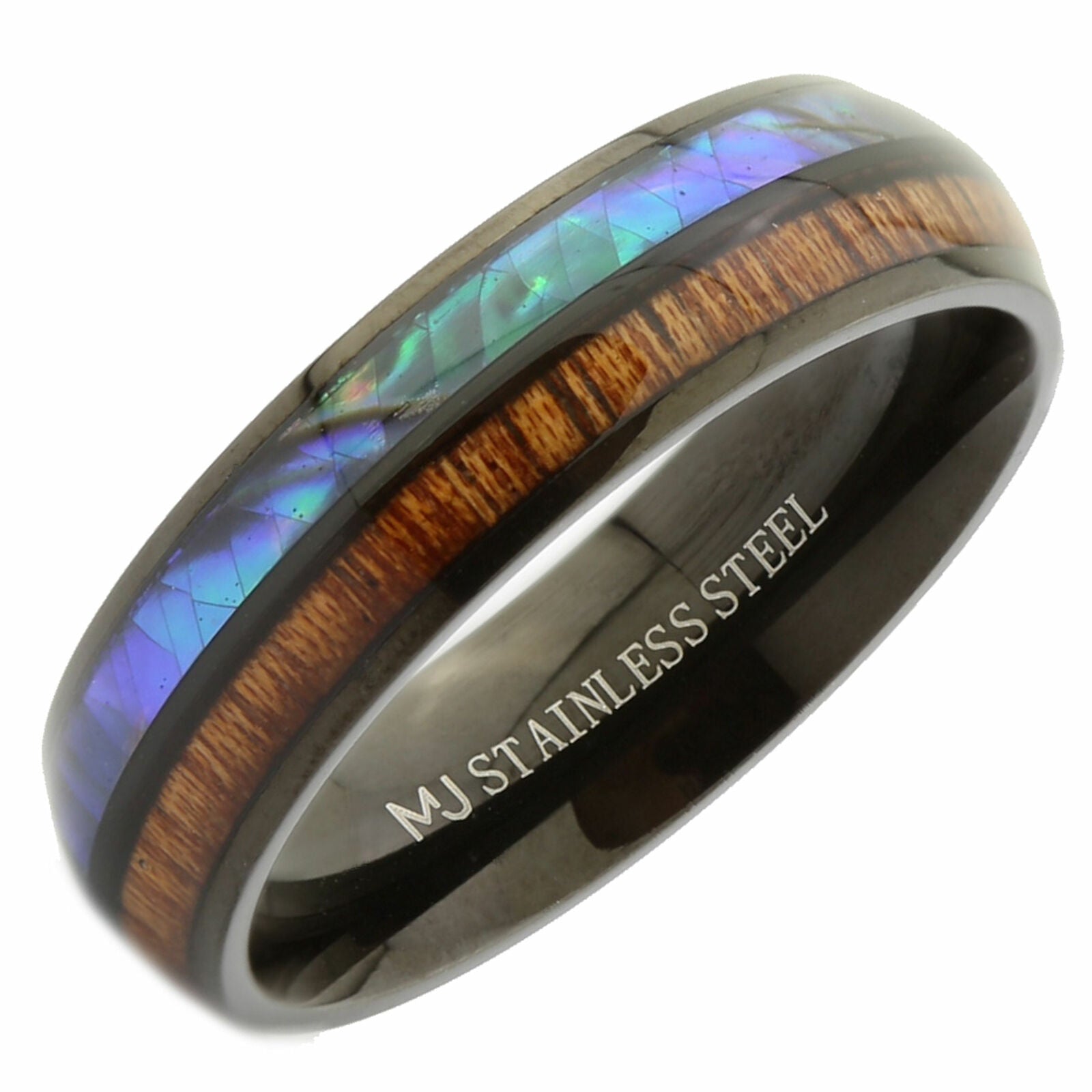 Custom Engraved Stainless Steel Abalone Inlay with Koa Wood or Faux Opal Ring