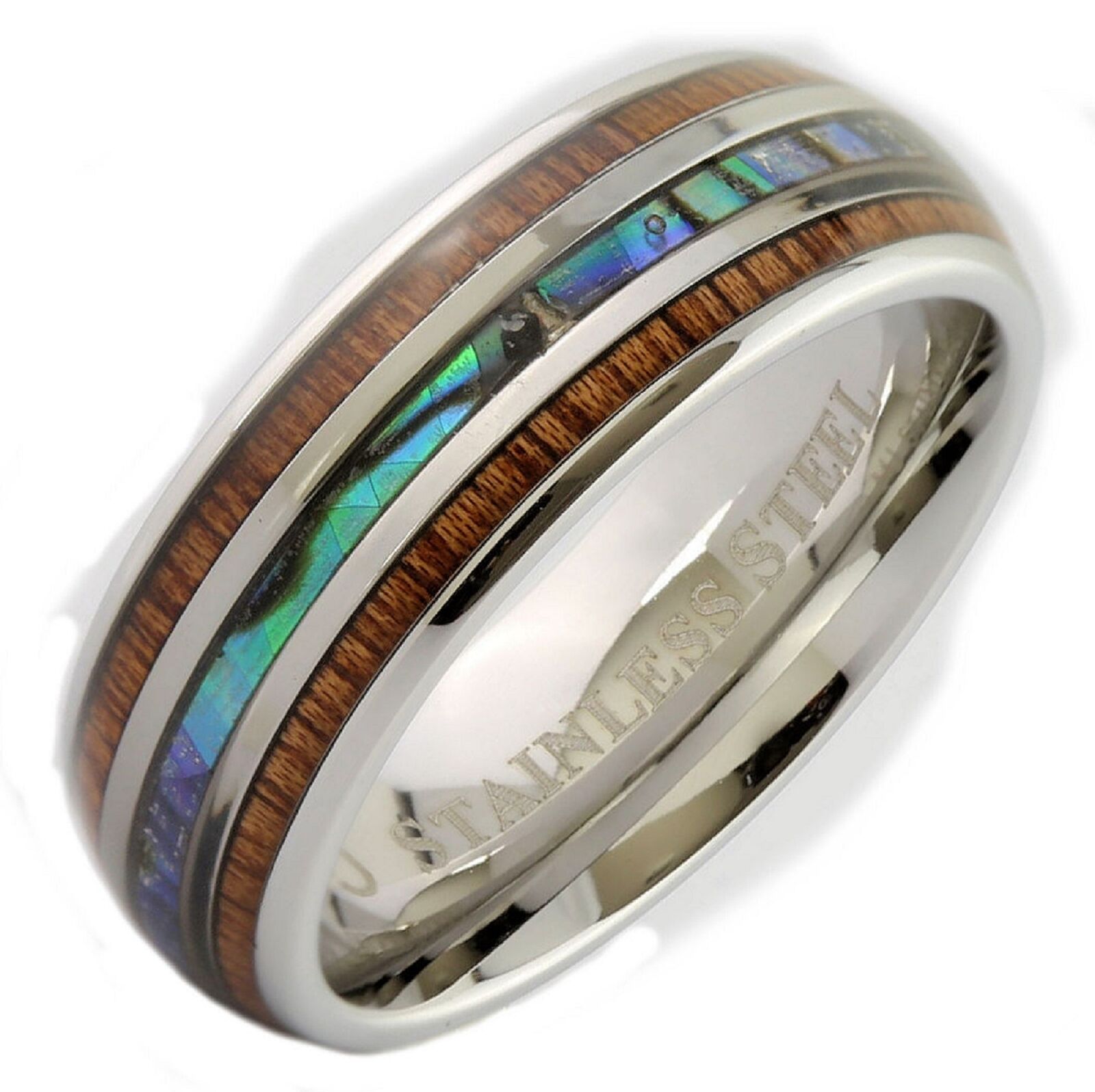 Stainless Steel Abalone Inlay with Koa Wood or Faux Opal Polished Ring