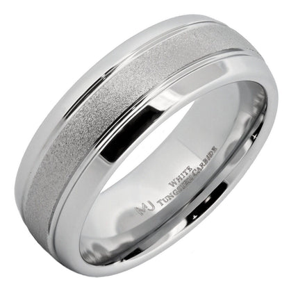 White Tungsten Carbide 6mm or 8mm Ring Sand Blasted Center Polished Edges
