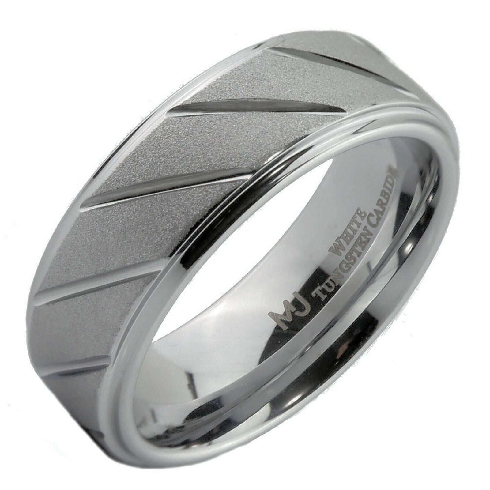 White Tungsten Carbide Band 6mm or 8mm Sand Blasted with Diagonal Lines Ring