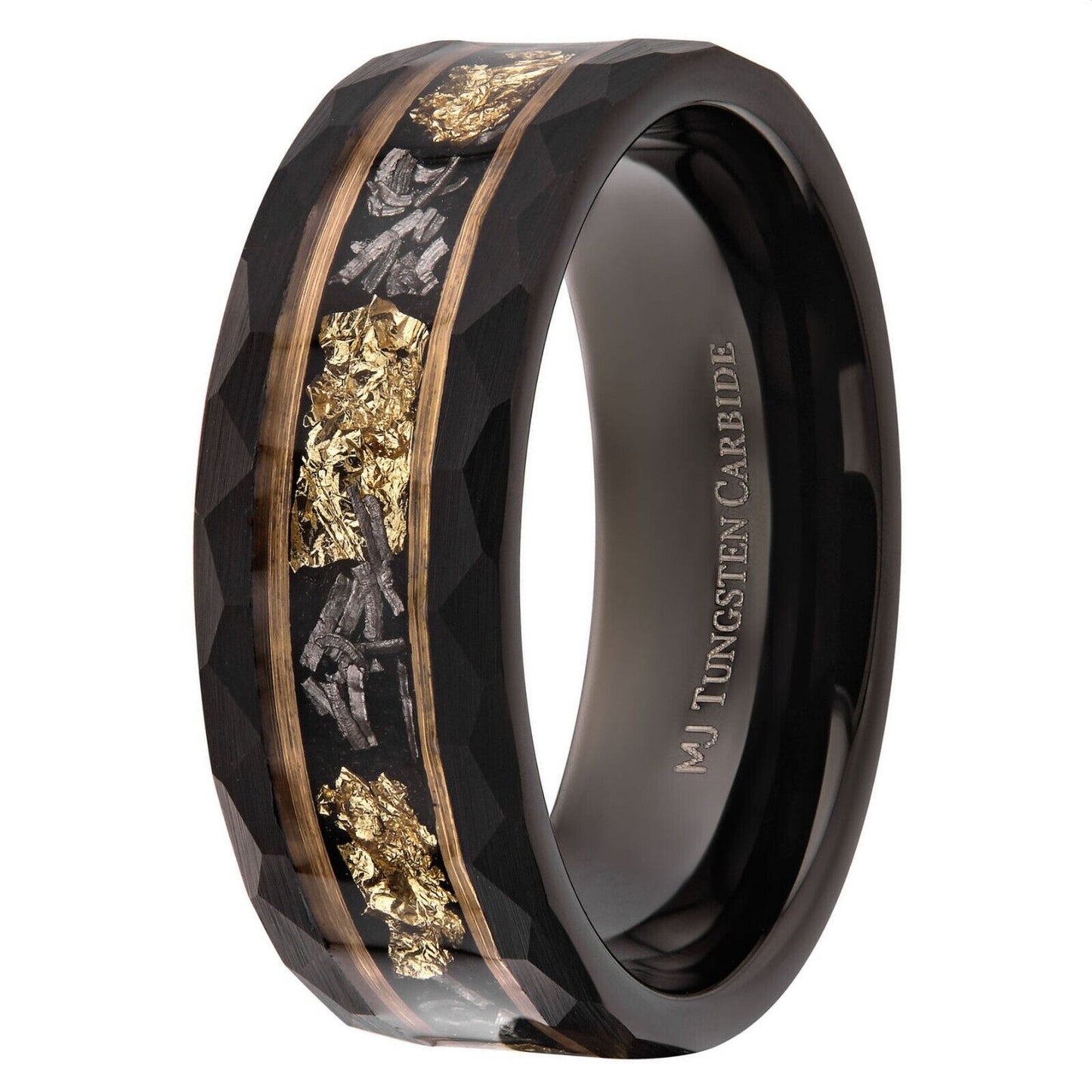 Tungsten Carbide Hammered 8mm Black Plated Wedding Band with Gold Foil Flecks In