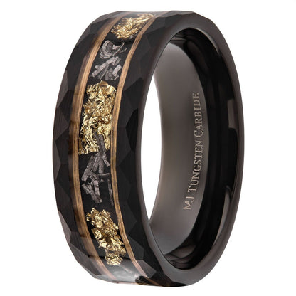 Tungsten Carbide Hammered 8mm Black Plated Wedding Band with Gold Foil Flecks In