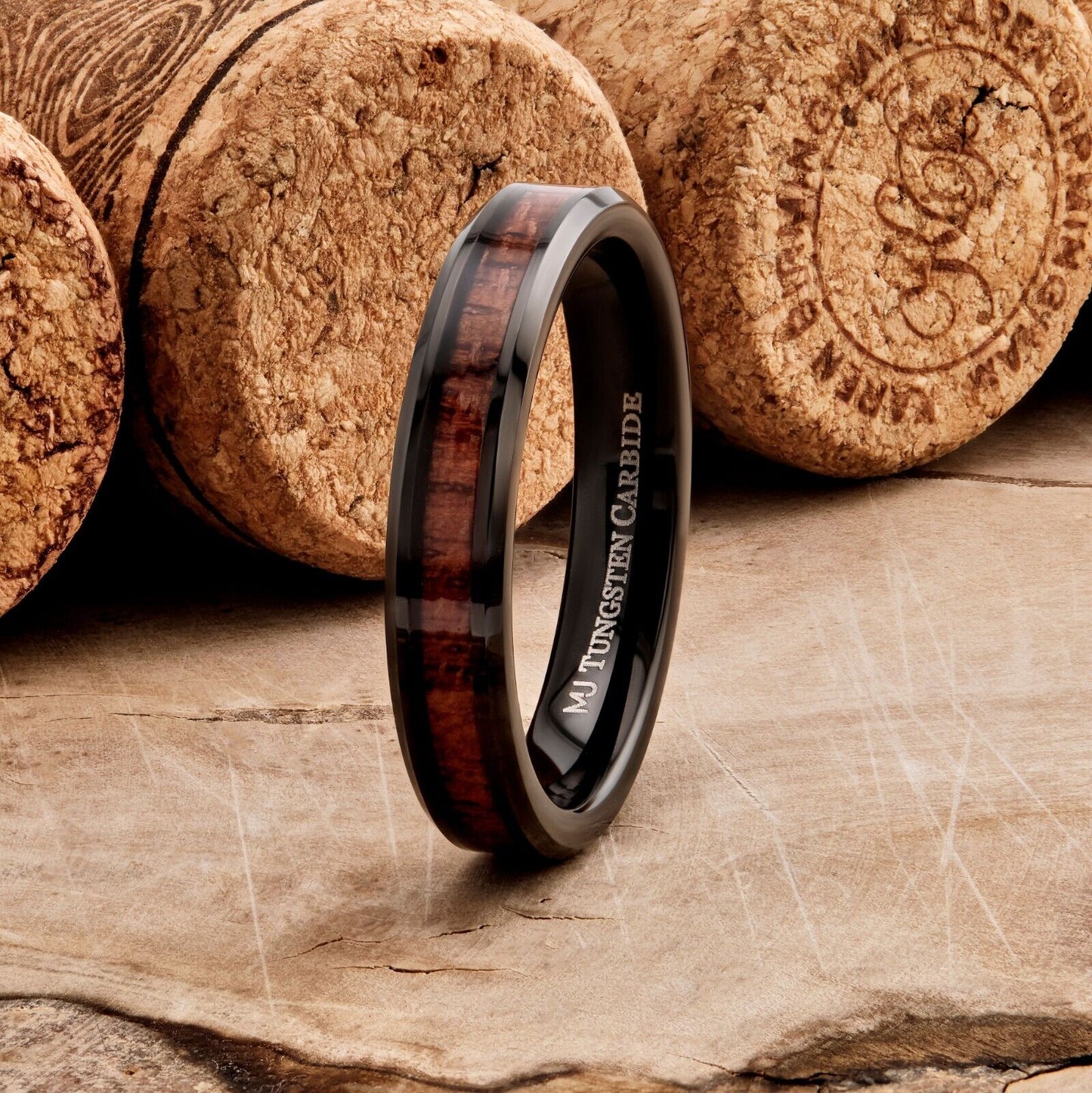 4mm Tungsten Carbide Koa Wood Inlay Black Plated or Polished Wedding Ring