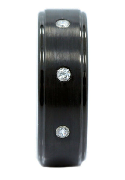 8mm Tungsten Carbide Wedding Ring 3 CZ Brushed Center Polished Edges