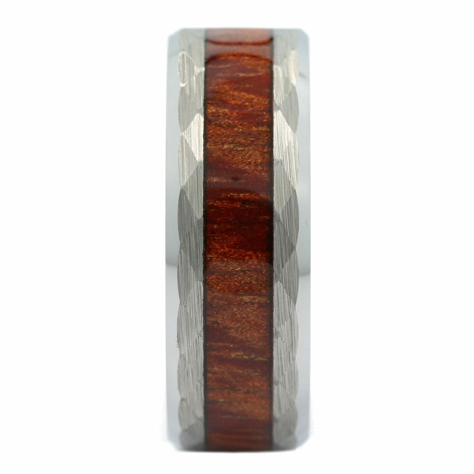 8mm Tungsten Carbide Koa Wood Inlay Hammered Inner Edge Wedding Ring
