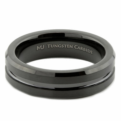 Tungsten Carbide 6mm or 8mm Wedding Band Center Grooved Black Plated Ring