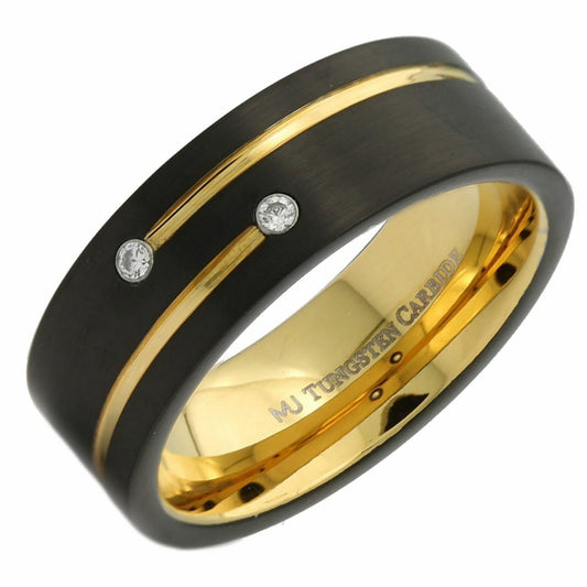 8mm Tungsten Carbide Rose Gold Plated Inside and 2 Stripes 2 CZs Ring