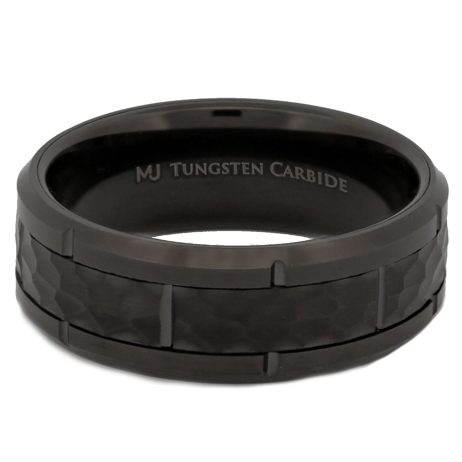 Tungsten Carbide 8mm Band Brushed Hammered Brick Pattern Notched Edges Ring