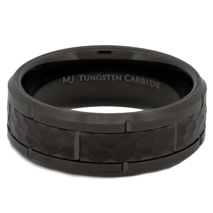 Tungsten Carbide 8mm Band Brushed Hammered Brick Pattern Notched Edges Ring