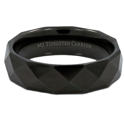 White Tungsten Carbide or Black Plated Multi Faceted Polished 6mm or 8mm Ring
