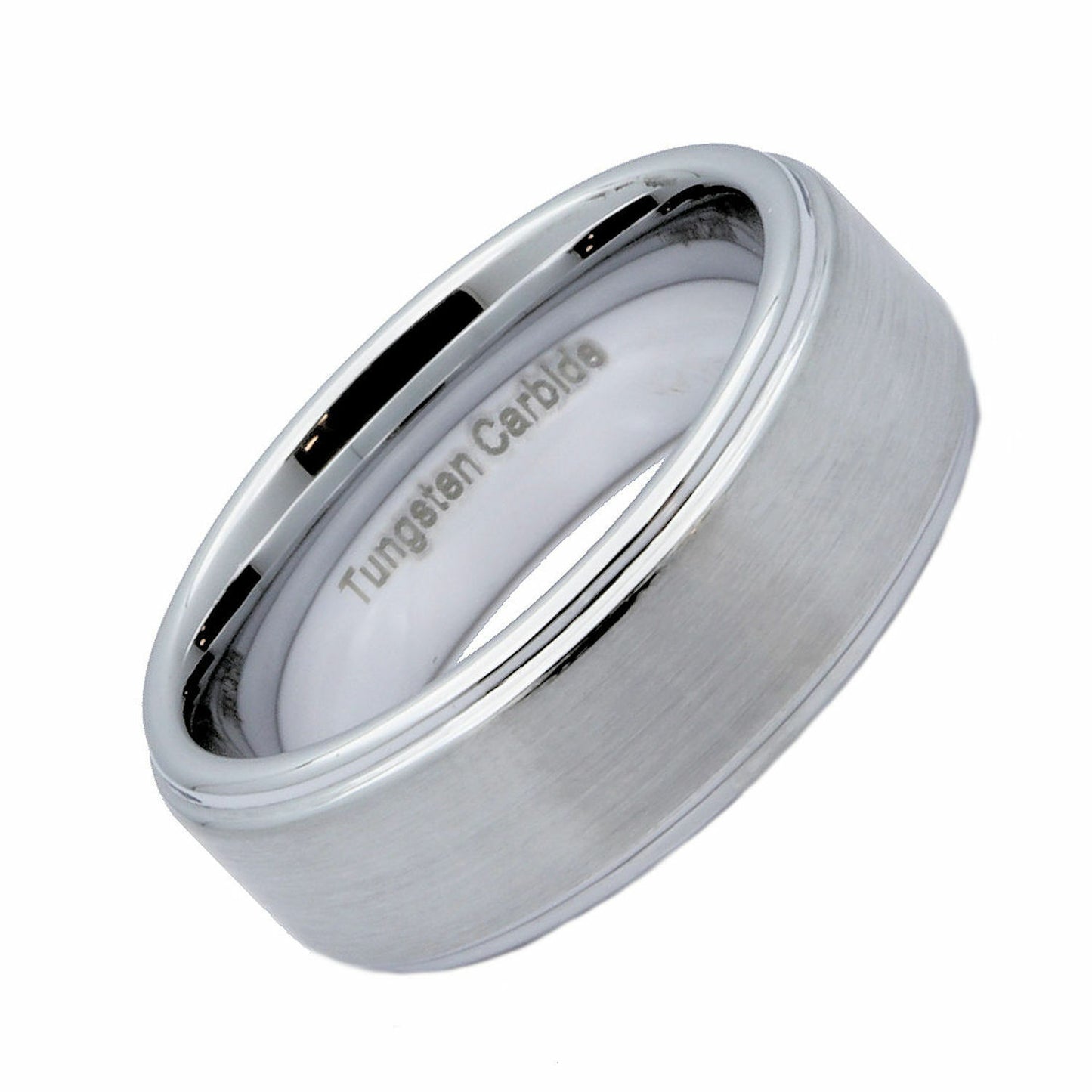 White Tungsten Carbide Brushed Wedding Band Recessed Edge 6mm or 8mm Ring