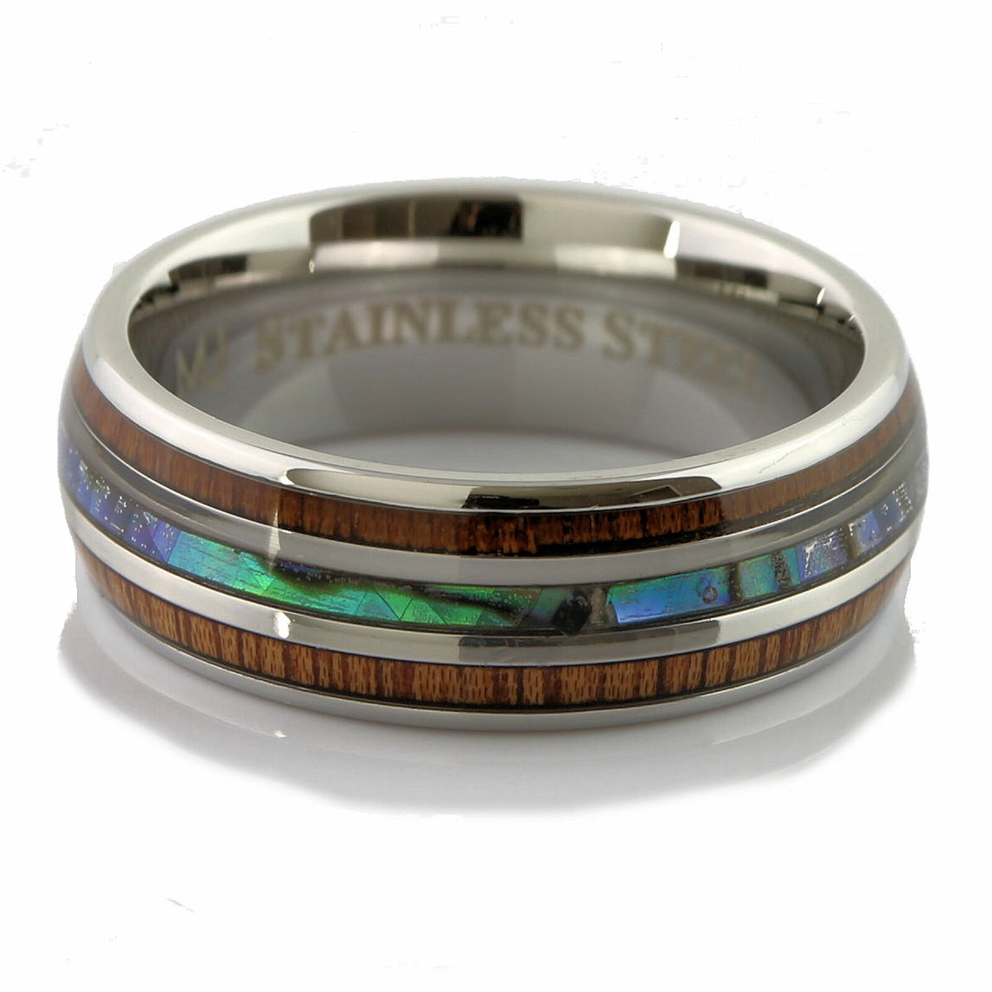 Stainless Steel Abalone Inlay with Koa Wood or Faux Opal Polished Ring
