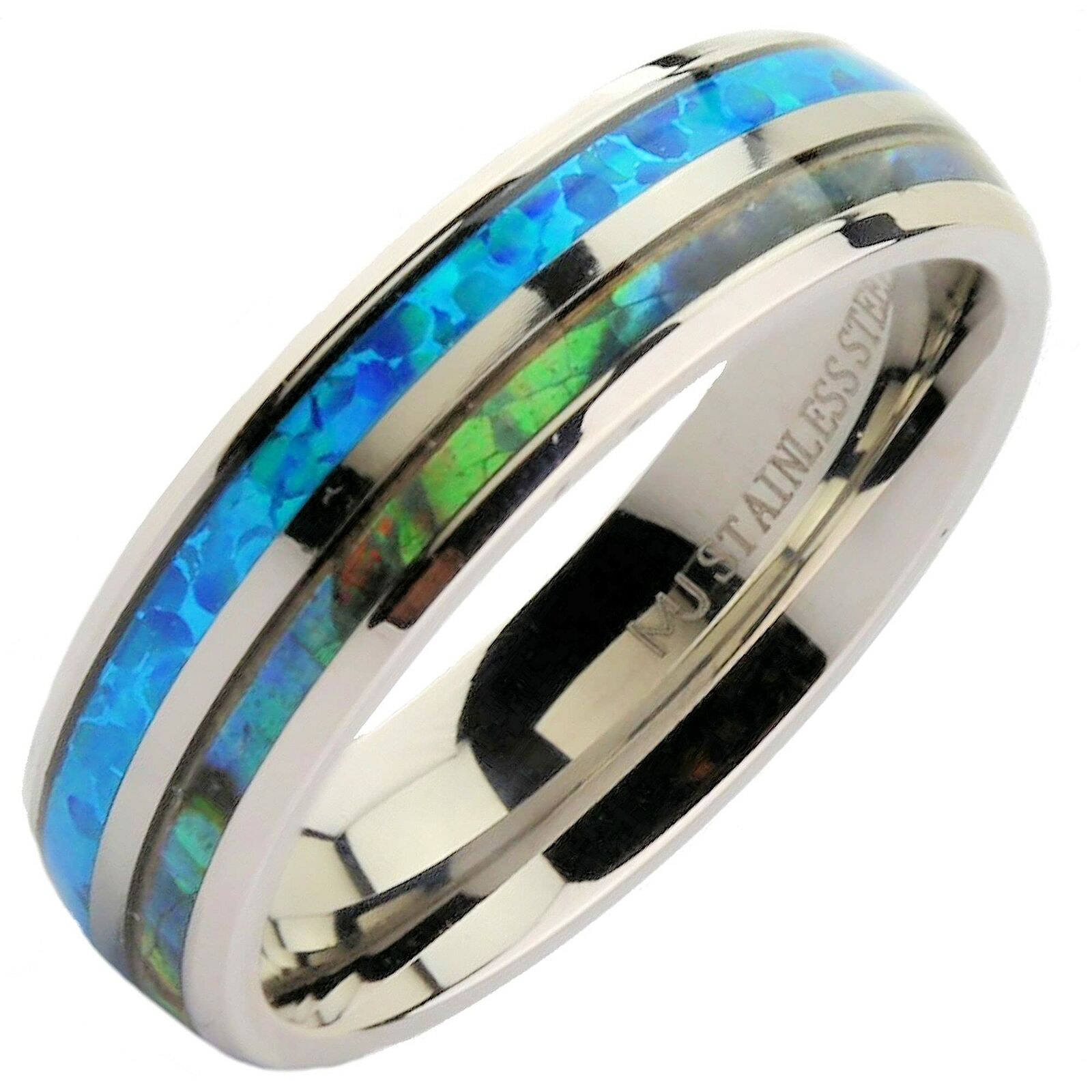 Stainless Steel Abalone Inlay with Koa Wood or Faux Opal Polished Ring