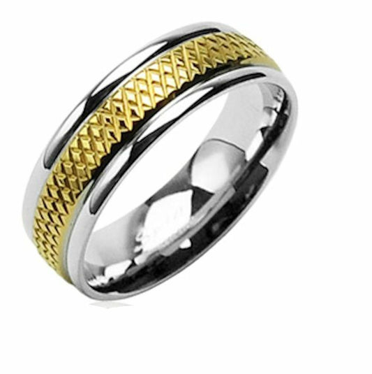 8mm Stainless Steel Gold Plated Ring With Grated Pattern Wedding Band Ring