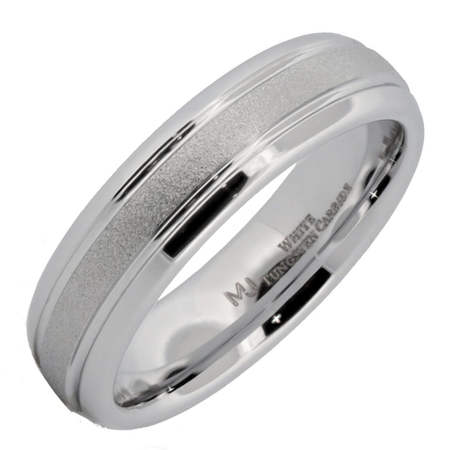 White Tungsten Carbide 6mm or 8mm Ring Sand Blasted Center Polished Edges