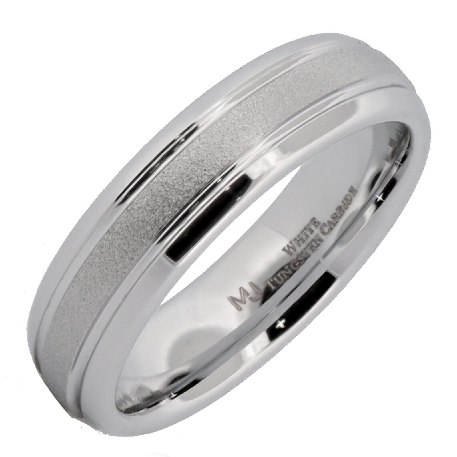 White Tungsten Carbide 6mm or 8mm Ring Sand Blasted Center Polished Edges