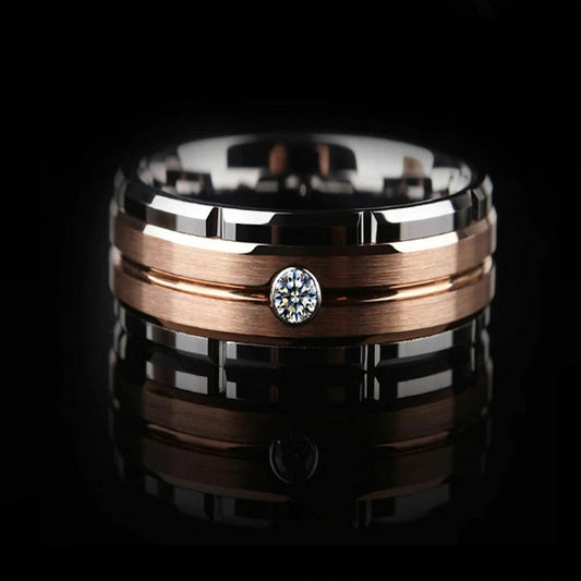 8mm Tungsten Carbide Rose Gold Plated Grooved Center 2mm CZ Ring