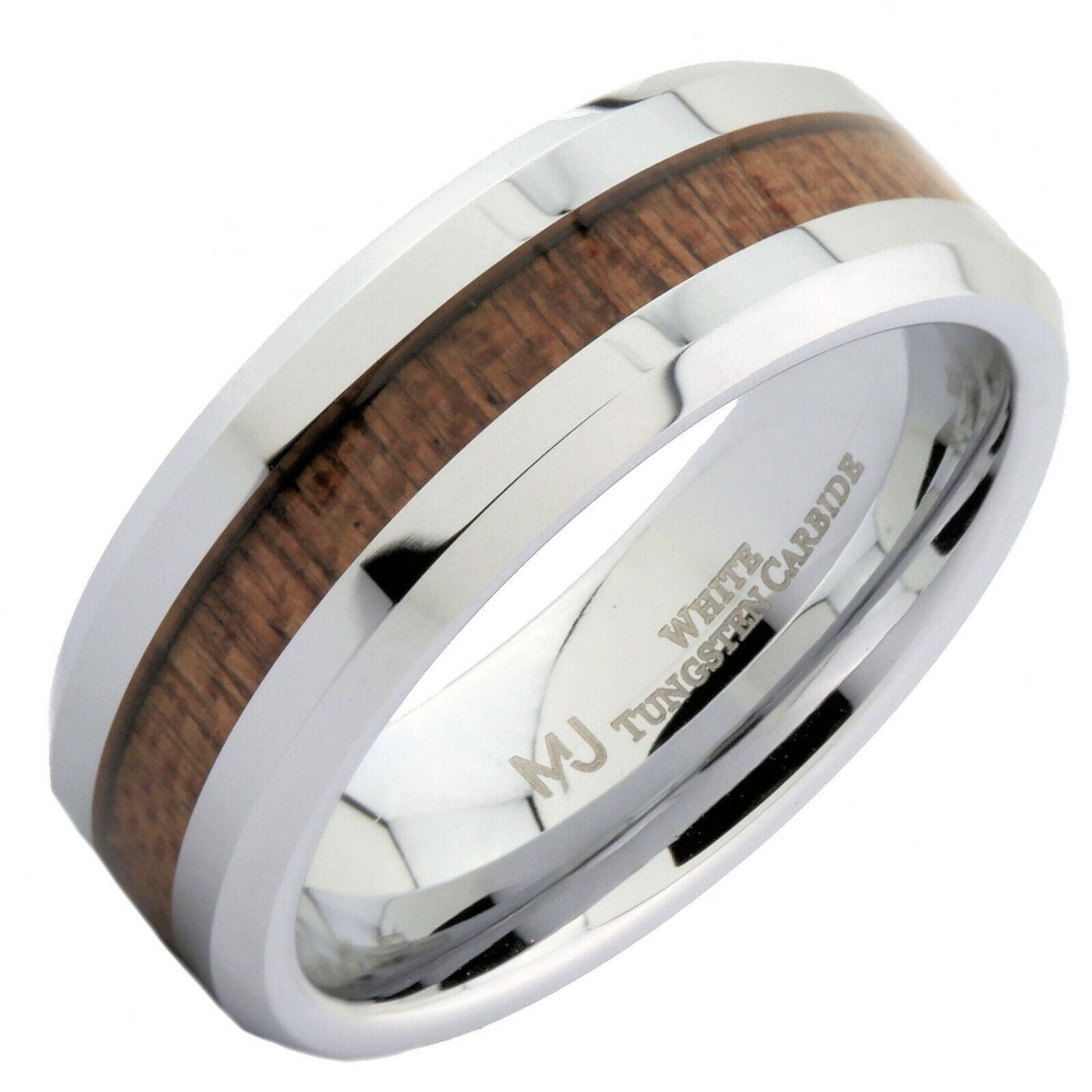 White or Black Tungsten Carbide 8mm Wedding Band with Real Koa Wood Inlay Ring