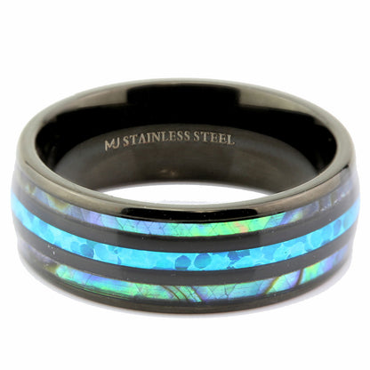 Custom Engraved Stainless Steel Abalone Inlay with Koa Wood or Faux Opal Ring