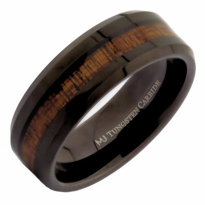 White or Black Tungsten Carbide 8mm Wedding Band with Real Koa Wood Inlay Ring