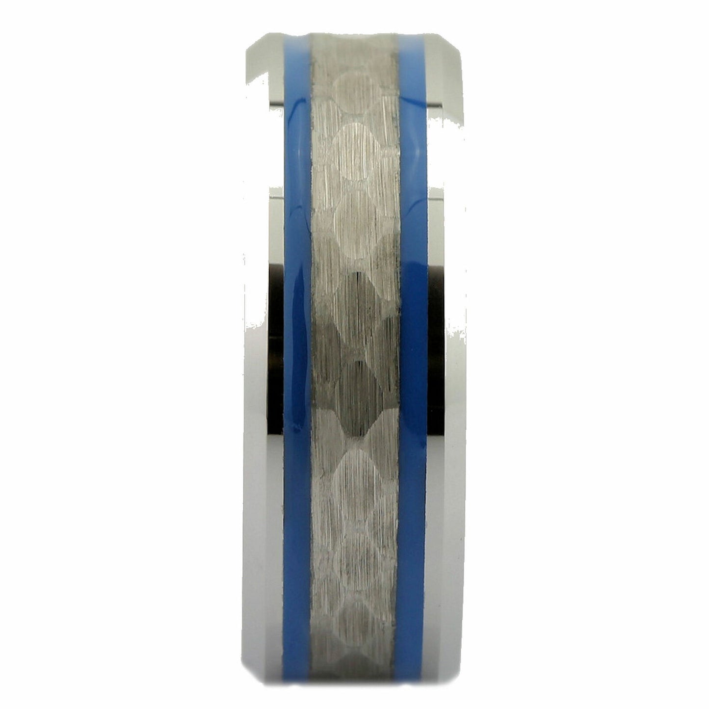 White Tungsten Carbide 8mm Hammered Center Blue Resin Striped Ring