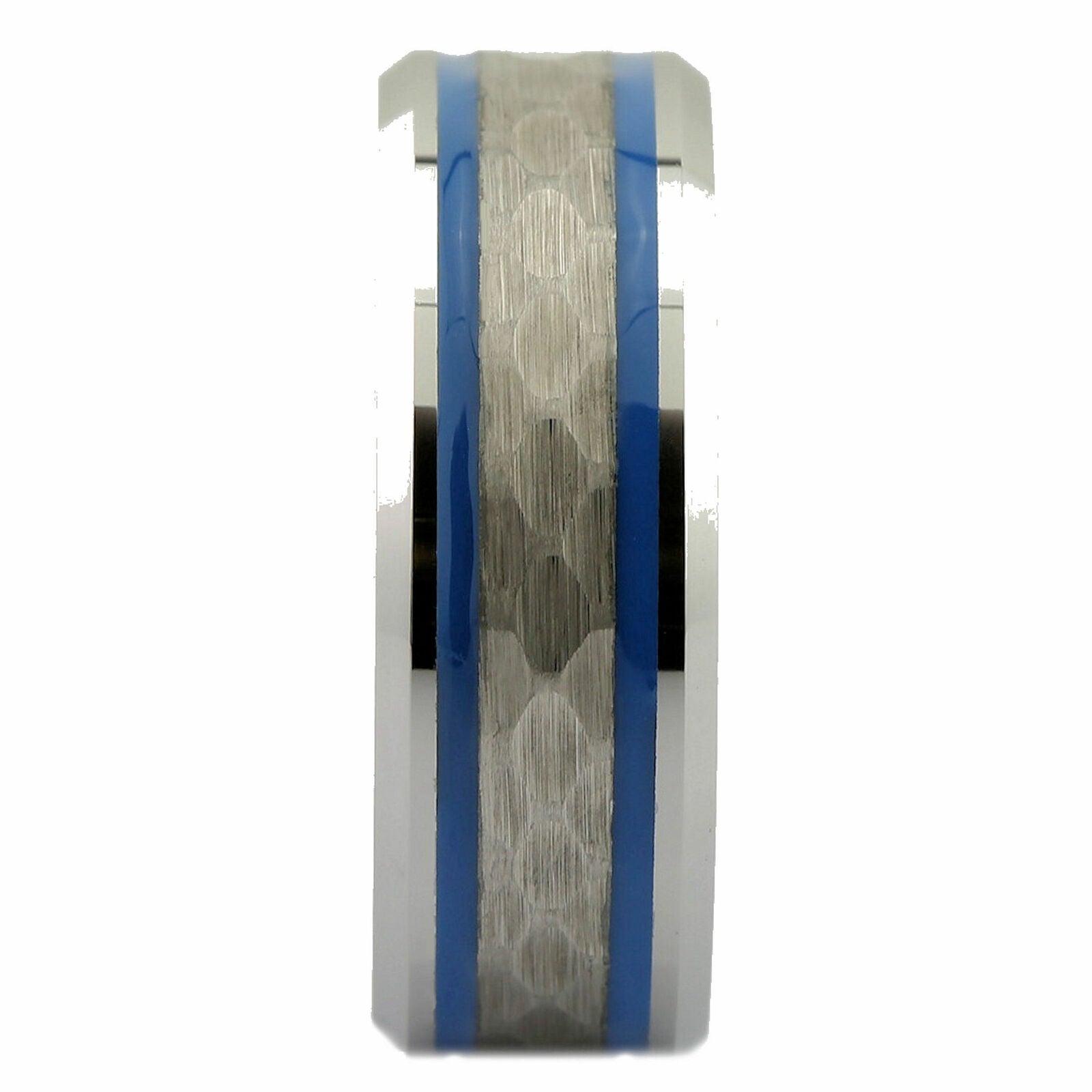 White Tungsten Carbide 8mm Hammered Center Blue Resin Striped Ring