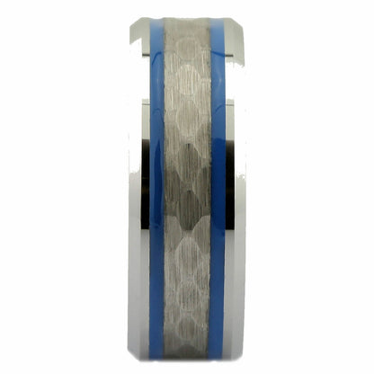 White Tungsten Carbide 8mm Hammered Center Blue Resin Striped Ring