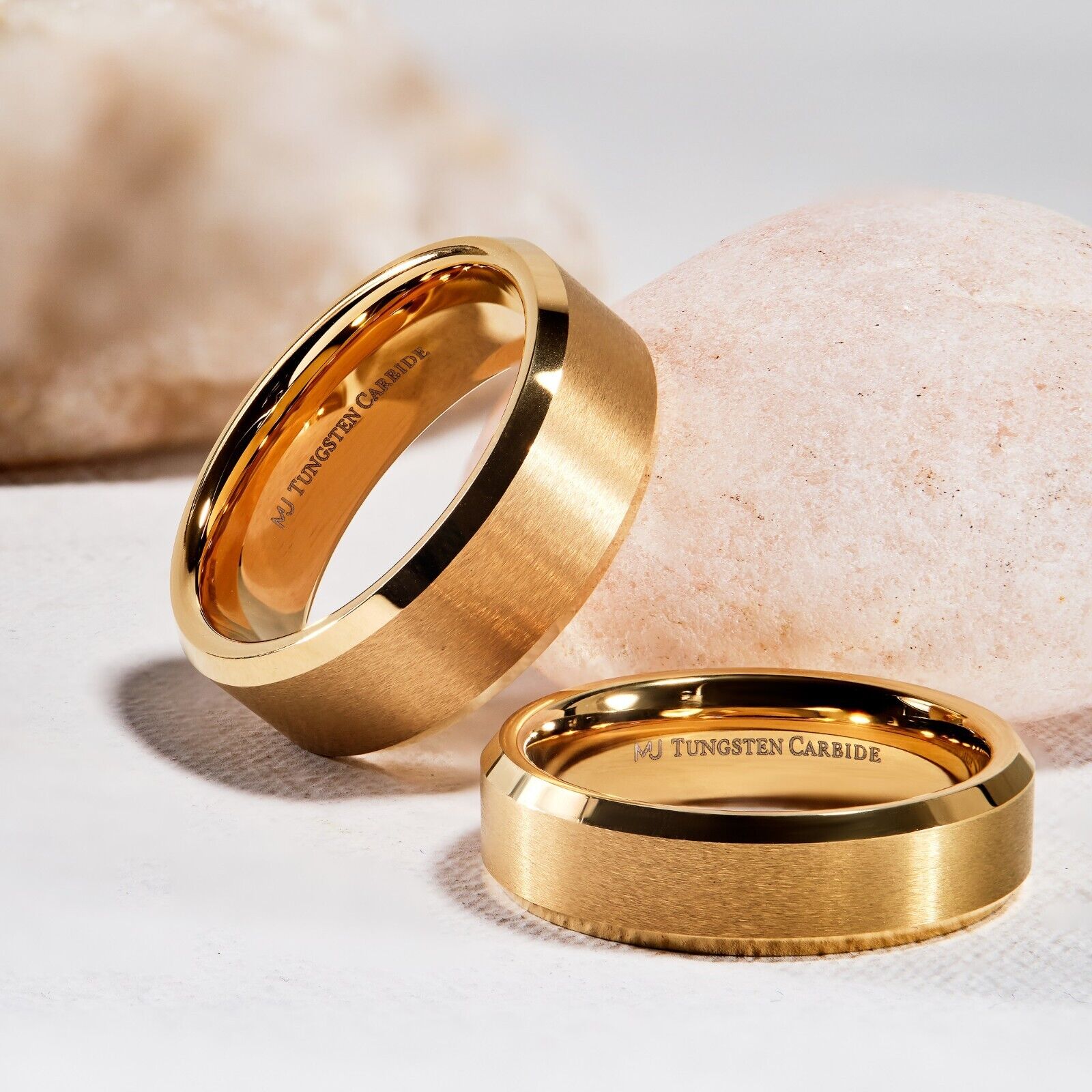 6mm or 8mm Brushed Gold Plated Tungsten Carbide Band Polished Edges Ring