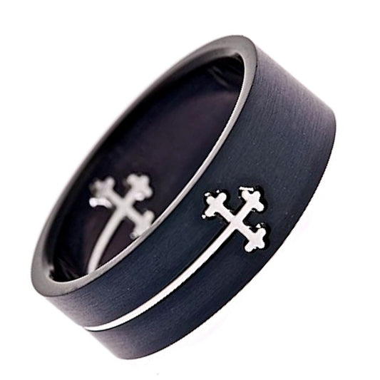 Laser Cut Surgical Grade Stainless Steel Black Plated Cross Cut Out Ring