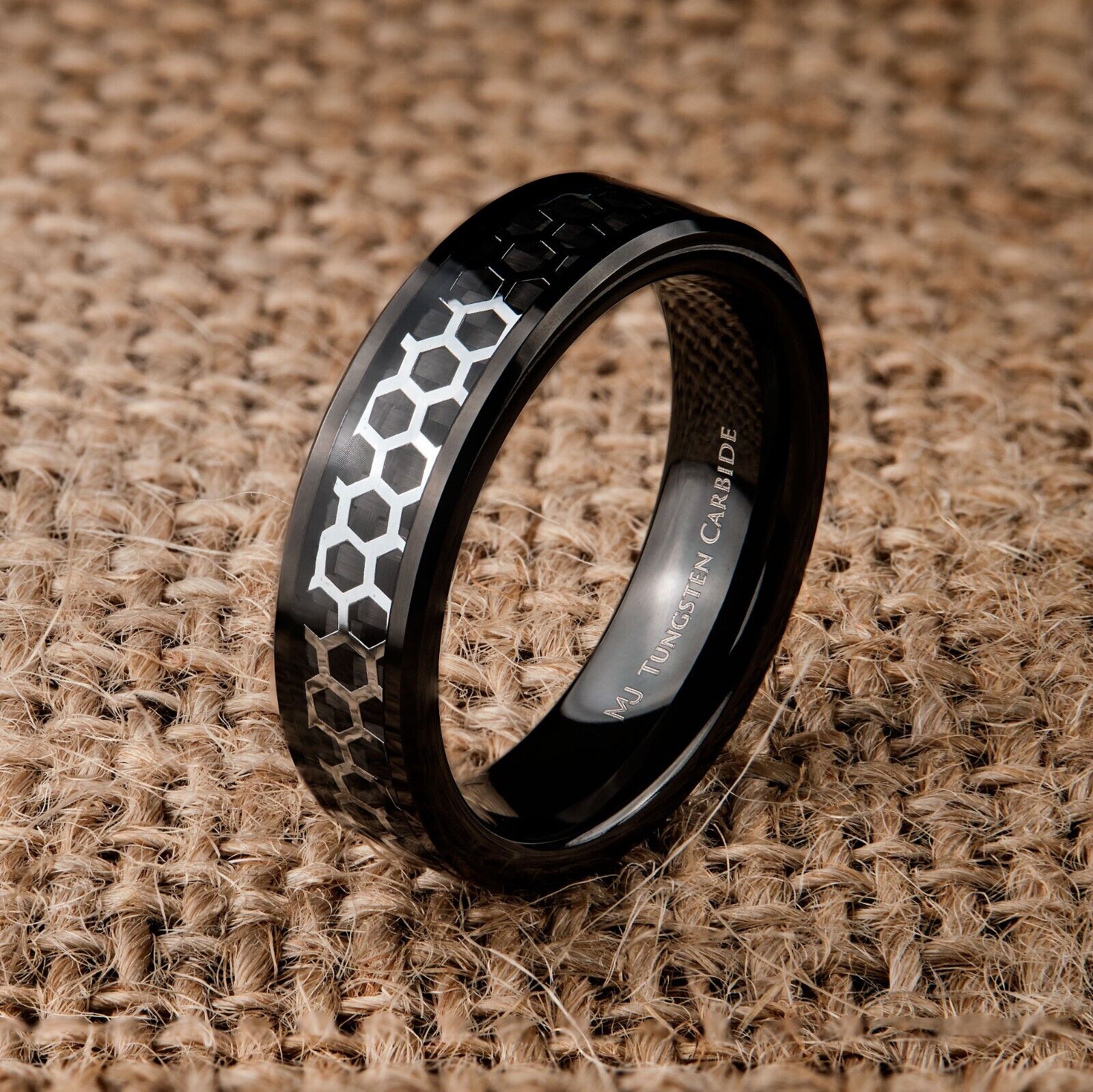 Tungsten Carbide Black or Polished Hexagon Pattern Over Black Carbon Fiber Inlay